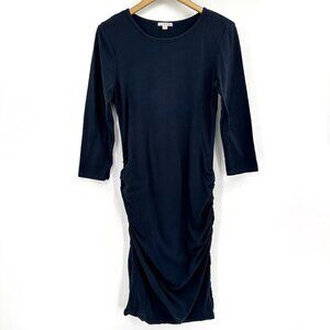 James Perse Navy Knit Ruched 3/4 Sleeve Bodycon Travel Midi Scoop Neck XL Dress